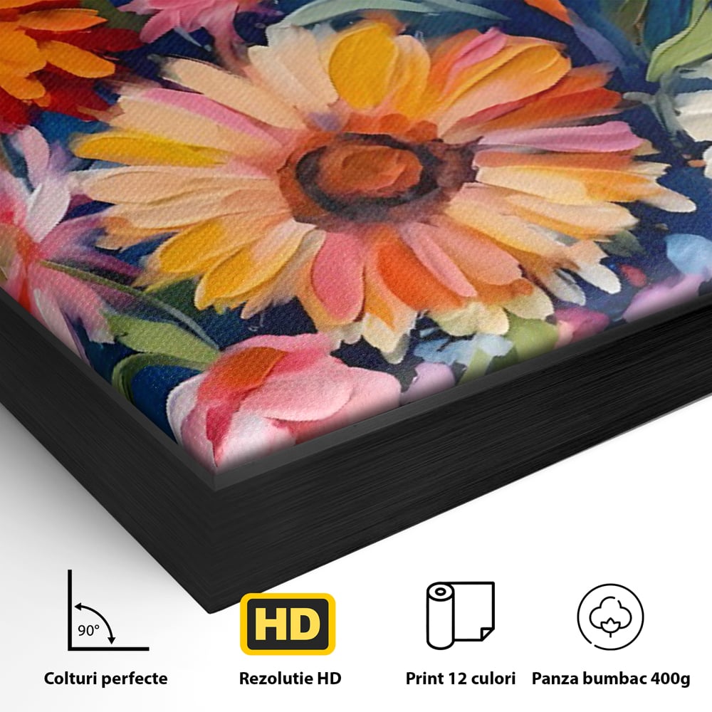 Detaliu al suprafetei: tablou canvas cu buchet de flori, in rama de aluminiu negru